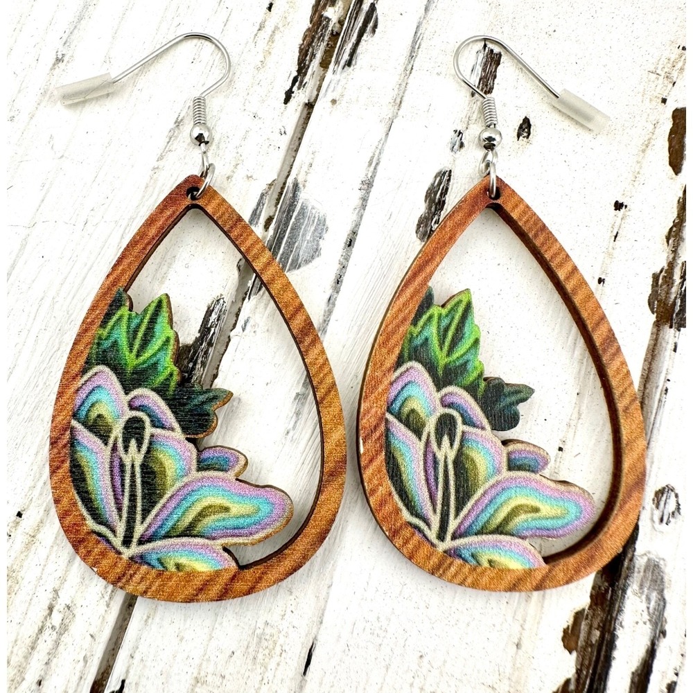 Printed Floral Teardrop Earrings Chestnut Stained Laser Cut Wood‎ NEW